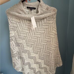 White House Black Market Ivory and Gray Knit Poncho with Button Neck